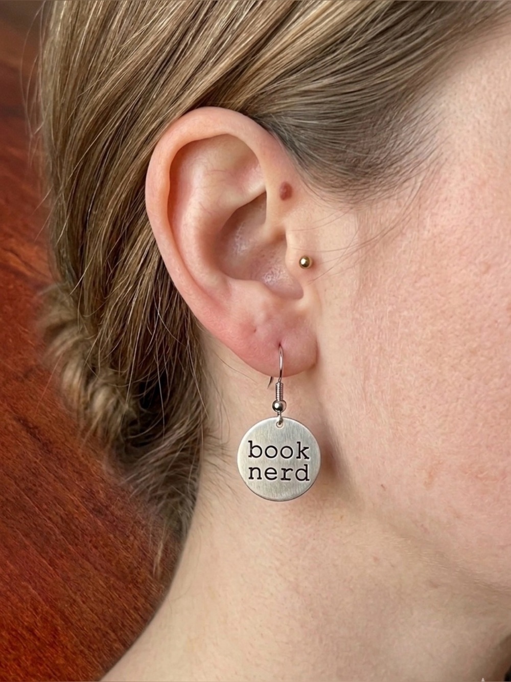 Book Nerd Silver Round Dangle Earrings